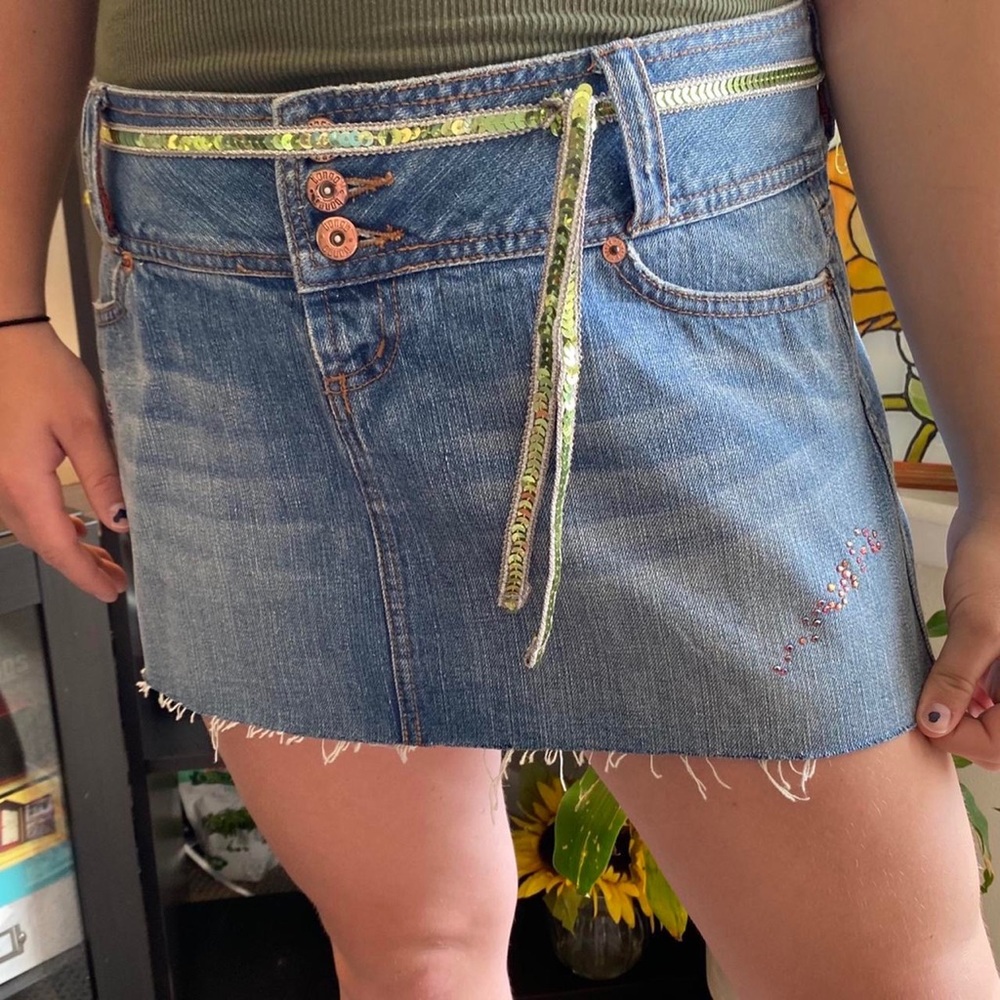 Vintage Y2k bongo jean mini skirt, with green sequence belt.